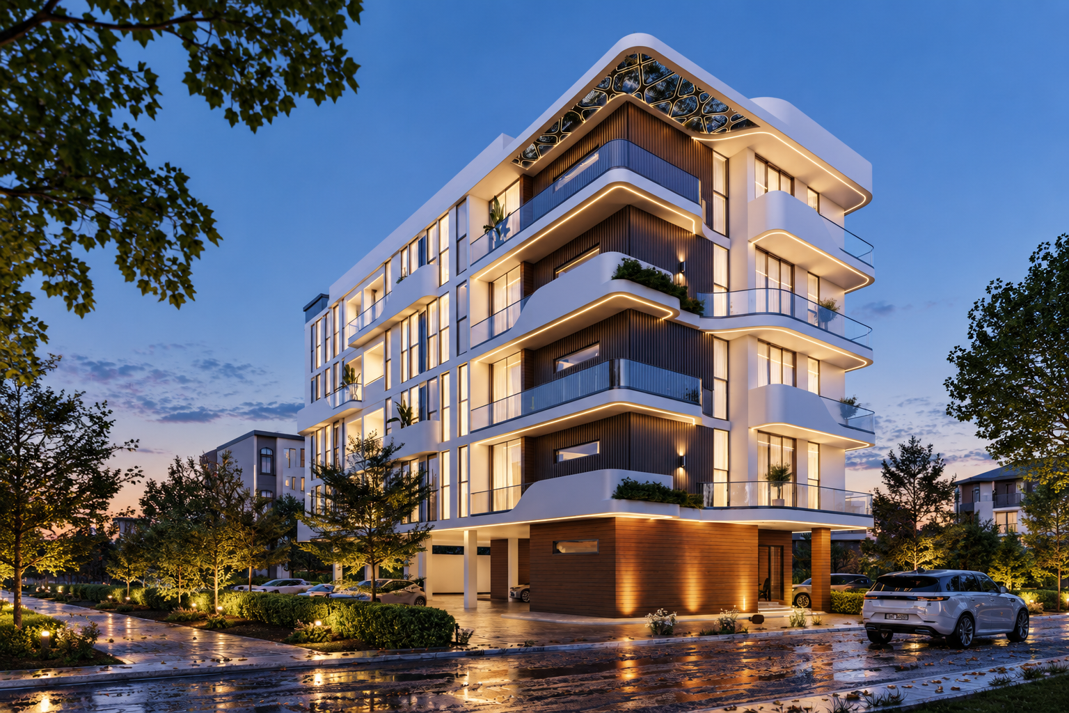 Contemporary apartments with illuminated curved balconies beside a wet landscaped street at twilight